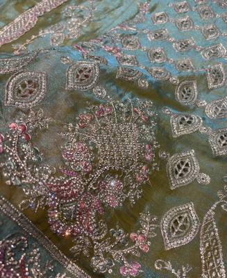 Heavy embroidery worked two ton moss silk parrot green suit for women 4