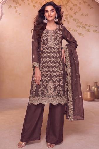Heavy embroidery worked two ton moss silk purple suit for women