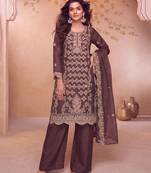 Heavy embroidery worked two ton moss silk purple suit for women
