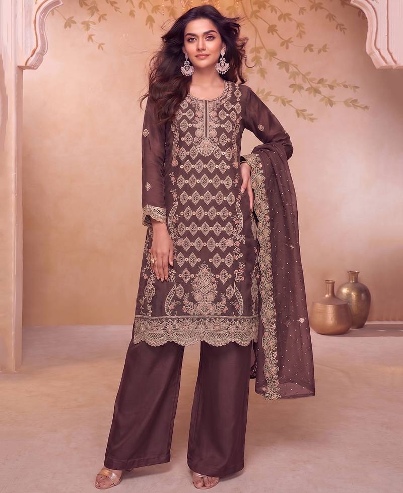 Heavy embroidery worked two ton moss silk purple suit for women