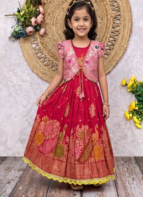 red silk girls gown with brocade koti jacket  3