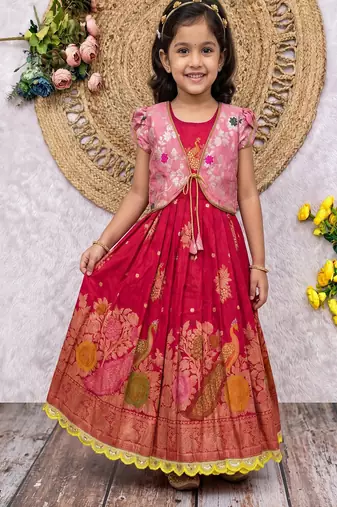 Kids lavendar color girls ethnic peacock motif woven red gown with brocade jacket koti