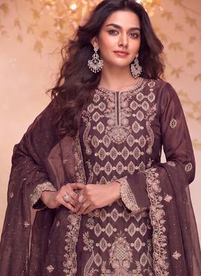 Heavy embroidery worked two ton moss silk purple suit for women 2