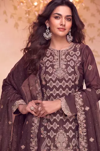 Heavy embroidery worked two ton moss silk purple suit for women