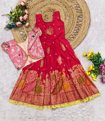 red silk girls gown with brocade koti jacket  4