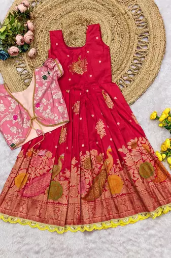 Kids lavendar color girls ethnic peacock motif woven red gown with brocade jacket koti