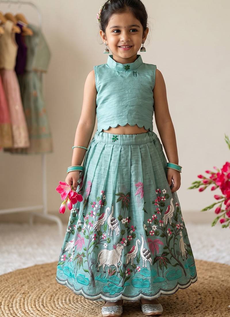 New girls sky blue pichwai embroidered lehenga choli set