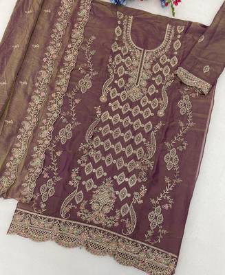 Heavy embroidery worked two ton moss silk purple suit for women 3