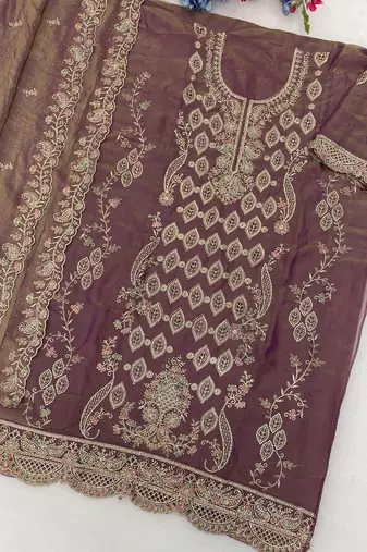 Heavy embroidery worked two ton moss silk purple suit for women
