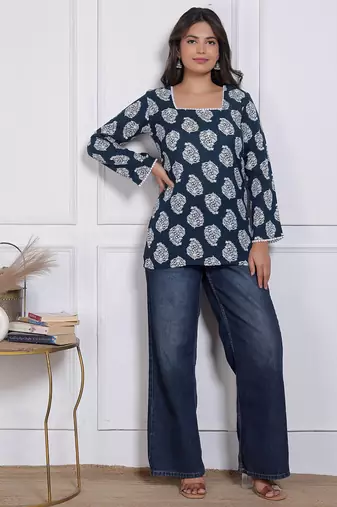 Women's rayon handmade block printed rayon fabric designer tops & tunics
