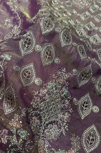 Heavy embroidery worked two ton moss silk purple suit for women