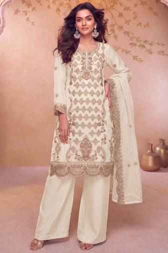 Heavy embroidery worked two ton moss silk white suit for women