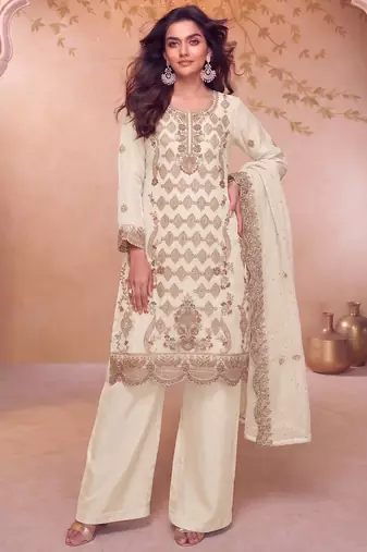 Heavy embroidery worked two ton moss silk white suit for women