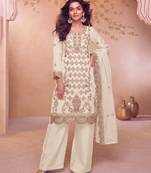 Heavy embroidery worked two ton moss silk white suit for women