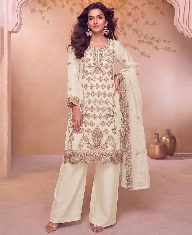 Heavy embroidery worked two ton moss silk white suit for women
