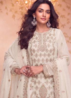 Heavy embroidery worked two ton moss silk white suit for women 2
