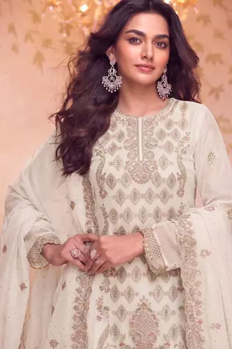 Heavy embroidery worked two ton moss silk white suit for women