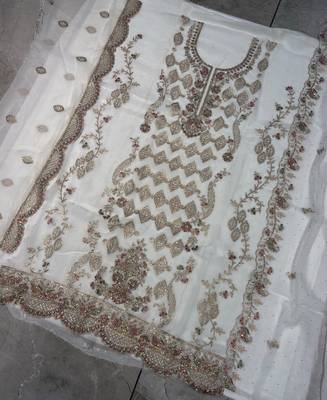 Heavy embroidery worked two ton moss silk white suit for women 3