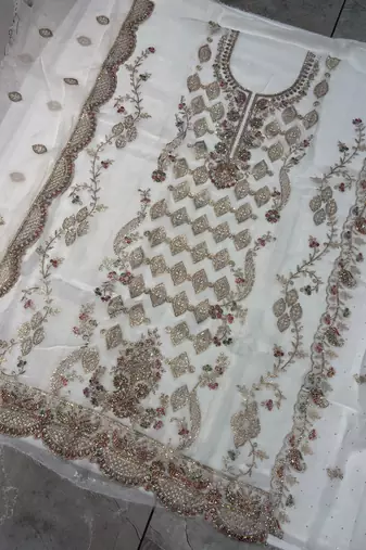 Heavy embroidery worked two ton moss silk white suit for women