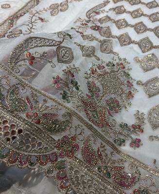 Heavy embroidery worked two ton moss silk white suit for women 4