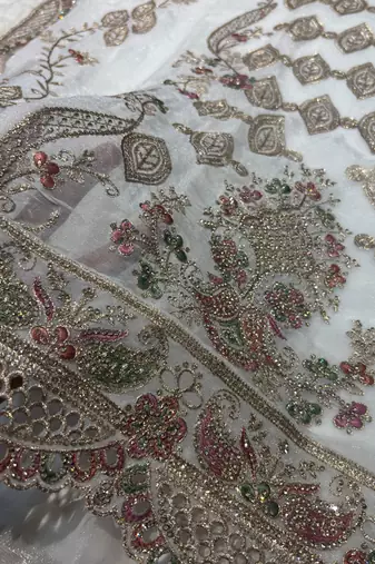 Heavy embroidery worked two ton moss silk white suit for women