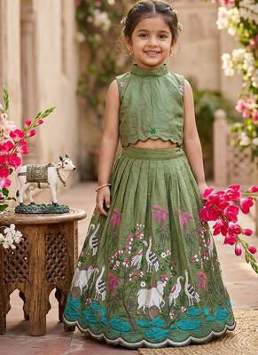 New girls earthy olive green pichwai embroidered lehenga choli set 1