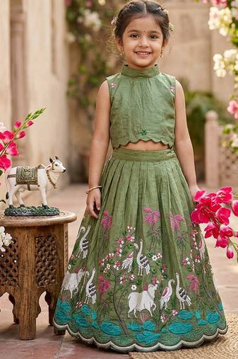 New girls earthy olive green pichwai embroidered lehenga choli set