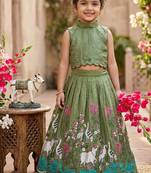 New girls earthy olive green pichwai embroidered lehenga choli set