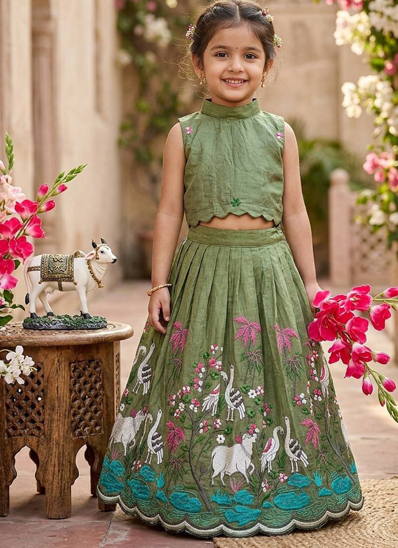 New girls earthy olive green pichwai embroidered lehenga choli set