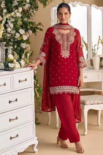 New georgette short salwar kameez pakistani style red
