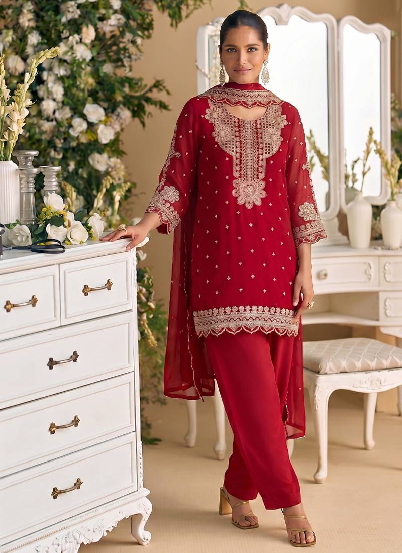 New georgette short salwar kameez pakistani style red