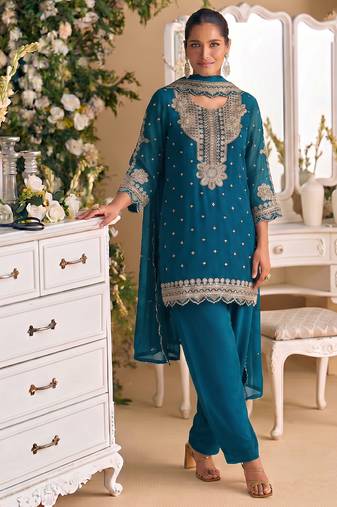 New georgette short salwar kameez pakistani style aqua blue