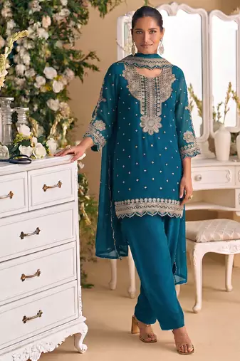 New georgette short salwar kameez pakistani style aqua blue