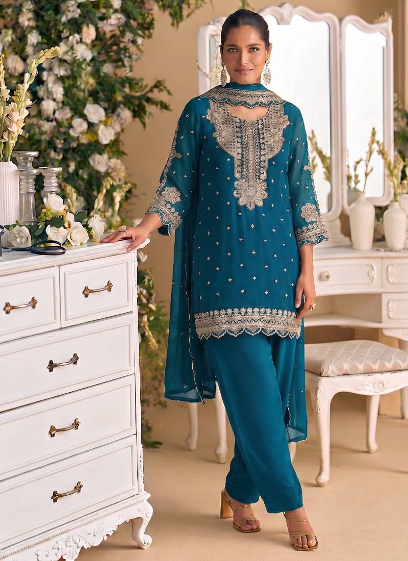 New georgette short salwar kameez pakistani style aqua blue