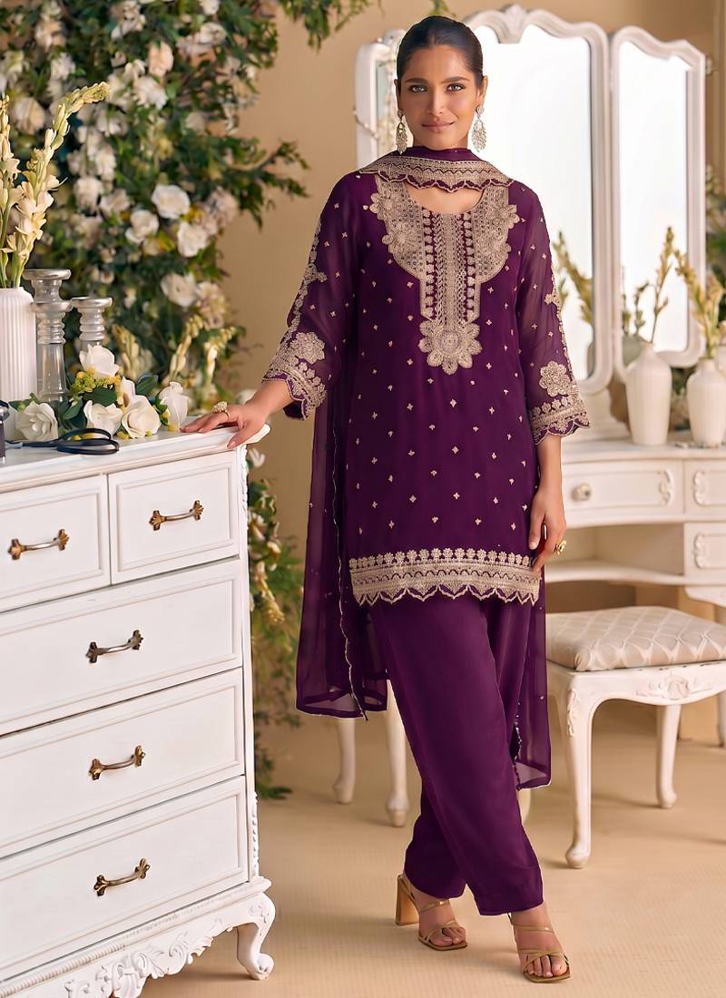 New georgette short salwar kameez pakistani style purple