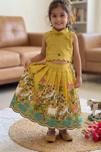 New kids vibrant yellow pichwai embroidered lehenga choli set