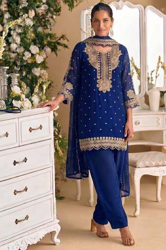 New georgette short salwar kameez pakistani style navy blue