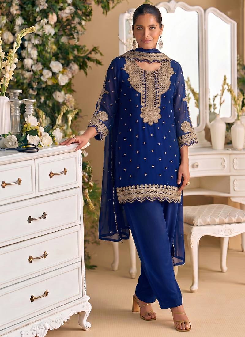 New georgette short salwar kameez pakistani style navy blue