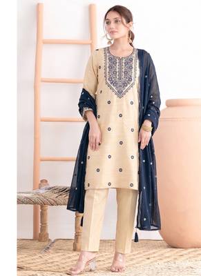 Khadi cotton white suit with blue dupatta 3 piece pair for women 1