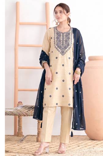 Khadi cotton white suit with blue dupatta 3 piece pair for women