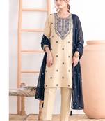 Khadi cotton white suit with blue dupatta 3 piece pair for women