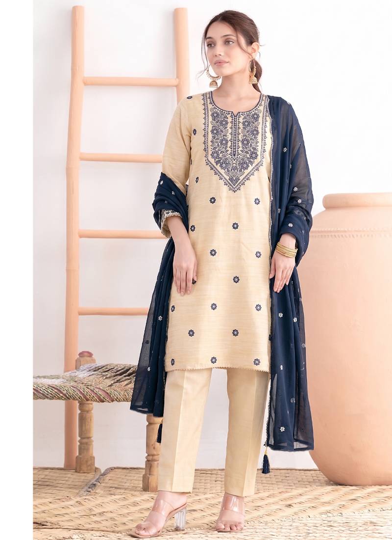 Khadi cotton white suit with blue dupatta 3 piece pair for women