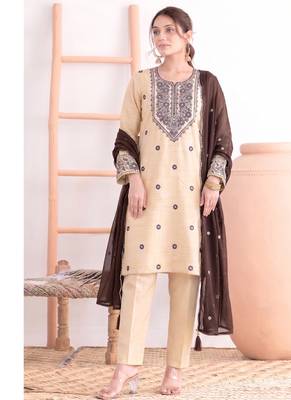 Khadi cotton white suit with brown dupatta 3 piece pair for women 1