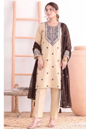 Khadi cotton white suit with brown dupatta 3 piece pair for women