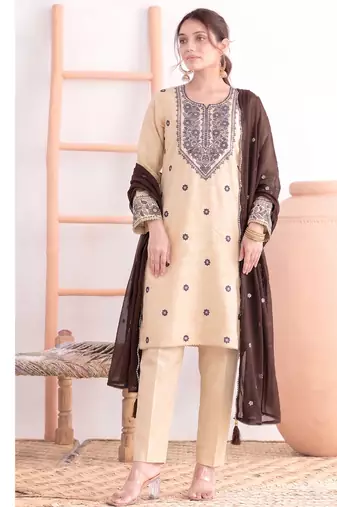 Khadi cotton white suit with brown dupatta 3 piece pair for women