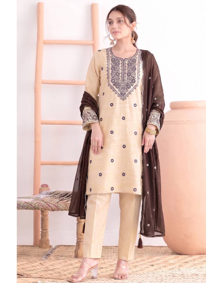 Khadi cotton white suit with brown dupatta 3 piece pair for women