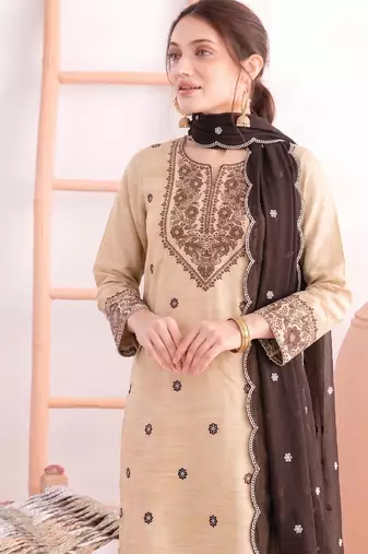 Khadi cotton white suit with brown dupatta 3 piece pair for women