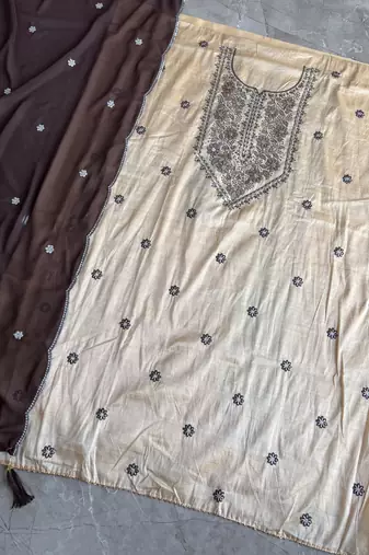 Khadi cotton white suit with brown dupatta 3 piece pair for women