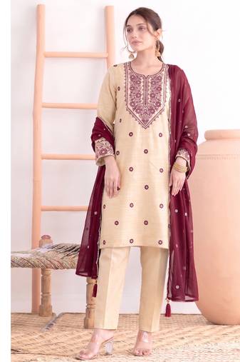 Khadi cotton white suit with pink dupatta 3 piece pair for women