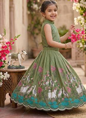 New girls earthy olive green pichwai embroidered lehenga choli set 2